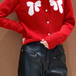 Bow Accent Red Knit Cardigan