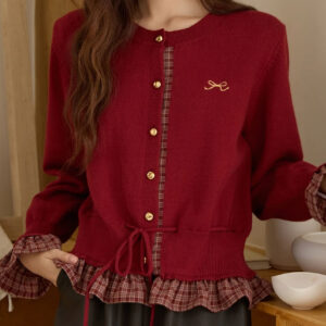 Plaid Patchwork O Neck Cardigan