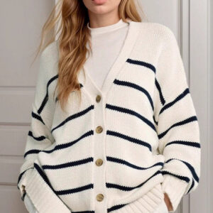 Striped Cotton V Neck Knit Cardigan